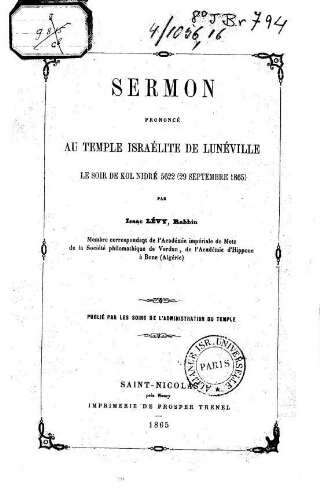 Sermon, prononcée au Temple israélite de Lunéville...